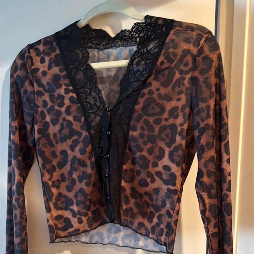 Commense Brown and Black Leopard Lace Trim Sheer Top
